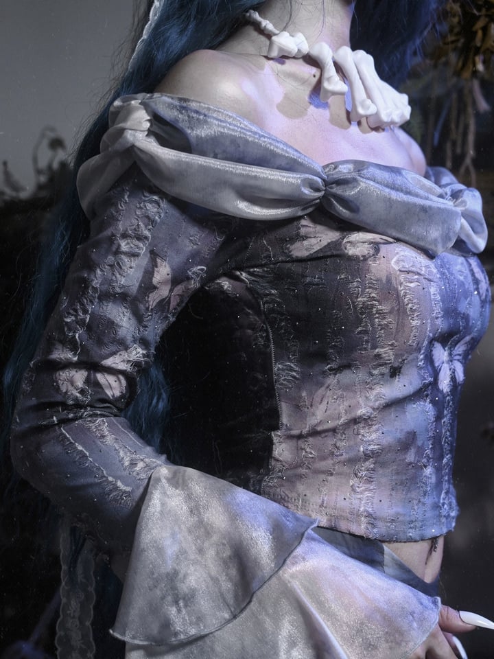 Off-the-shoulder Neckline Butterfly Print Dusty Blue Long Sleeves Top Corpse Bride Vibes