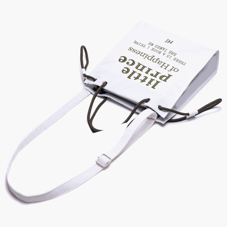Chic White & Green Alphabet Embroidery Tote Bag with Zipper Closure And Drawstring Strap