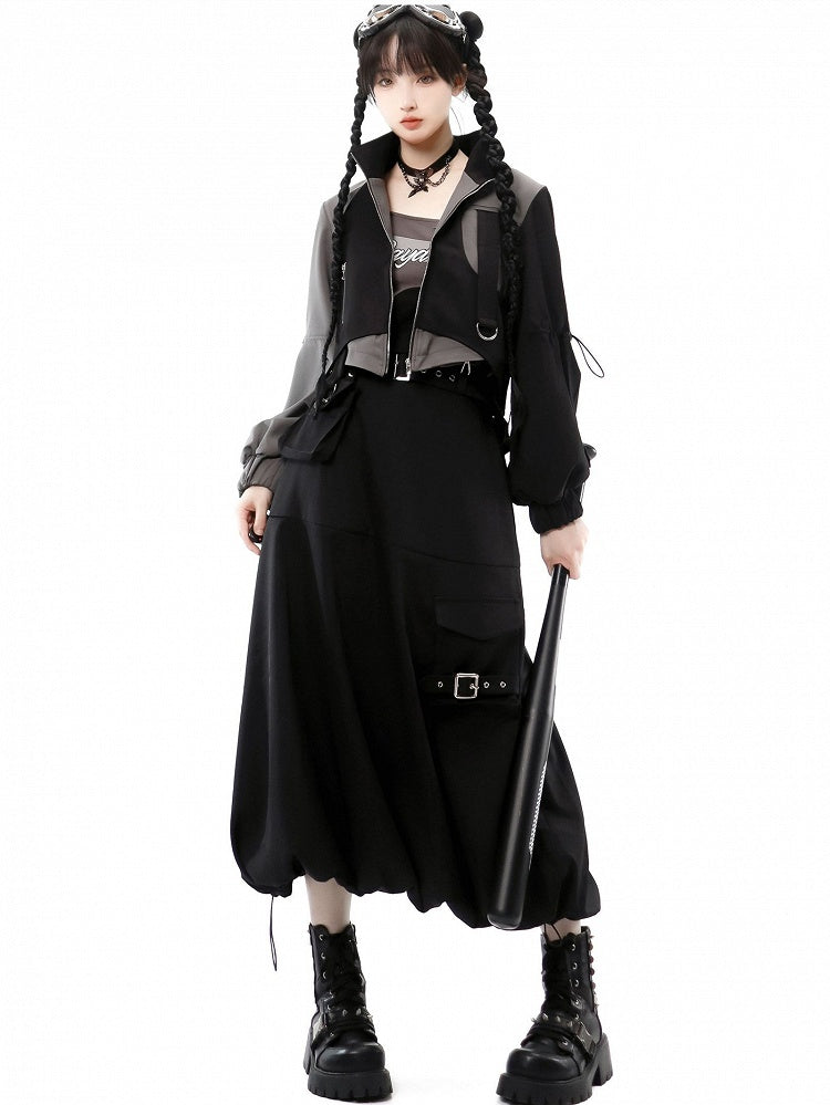 Black Futuristic Techwear Bubble Skirt with Cargo Pockets