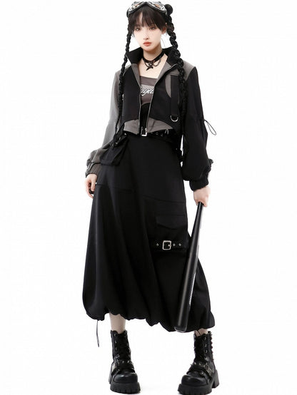 Black Futuristic Techwear Bubble Skirt with Cargo Pockets