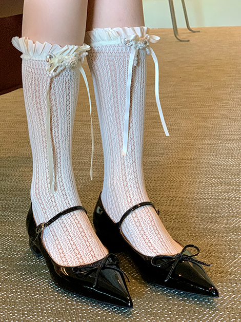 White/Milky White/Black/Red/Purple/Grey/Brown Lolita Lace Trim Bowknot Socks