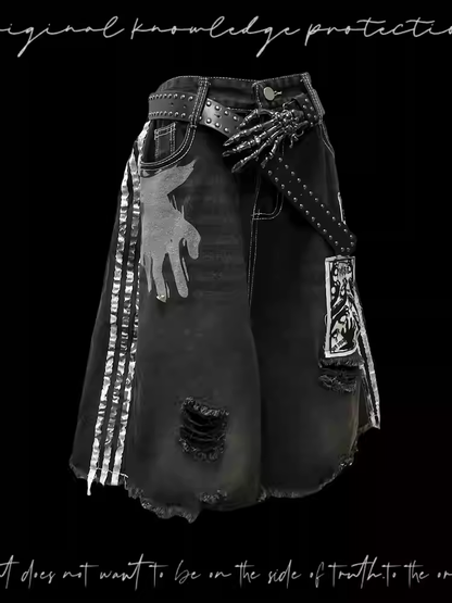 Black & White Stripes Distressed Holes Raw Hem Appliques Embellished Denim Shorts