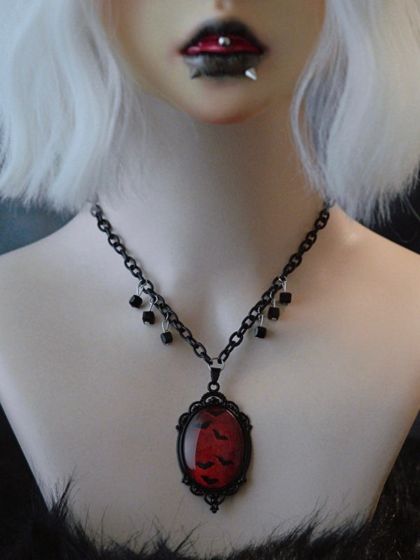 Black&Red Gothic Beaded And Bat Pendant Necklace