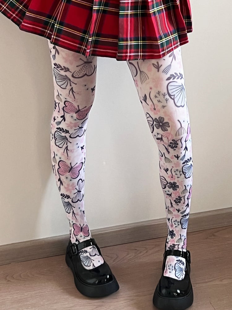 White Butterfly Print Tights