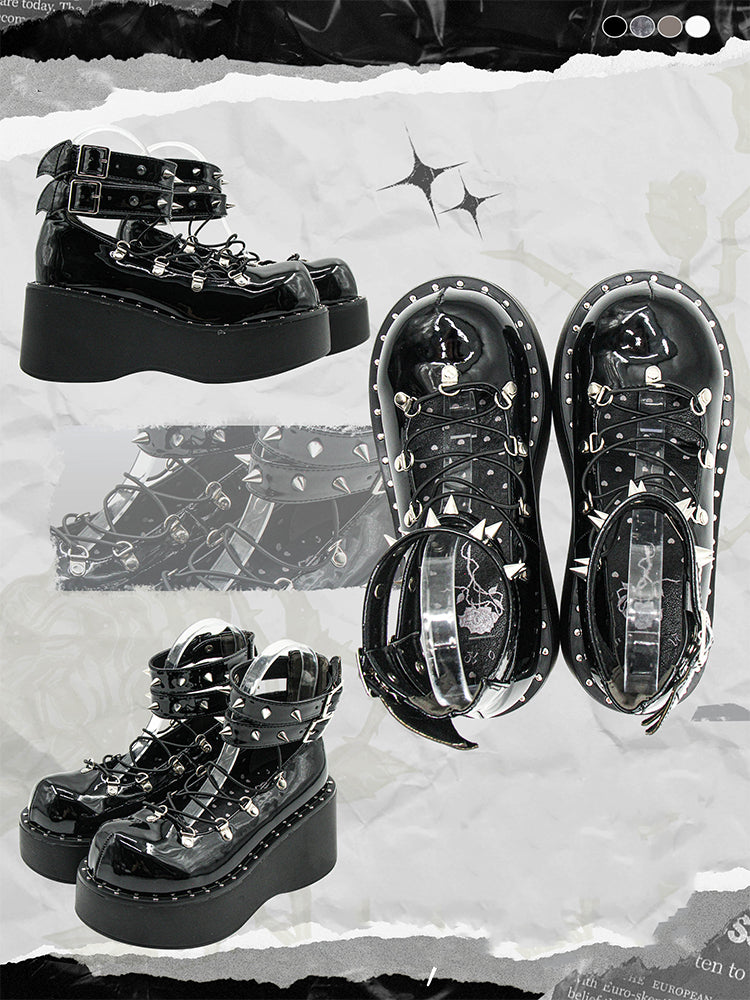 Front Lace-up Spike Stud Detailing Polished Black Punk Lolita Platforms