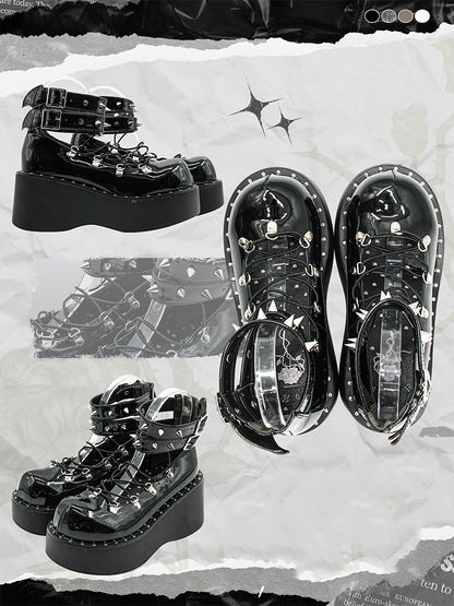 Front Lace-up Spike Stud Detailing Polished Black Punk Lolita Platforms