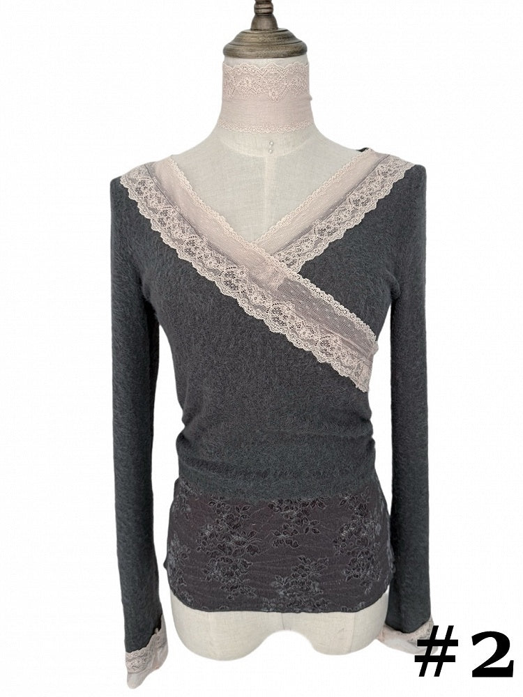 Gray & Pink Lace Trim Crossover Long Sleeve Top