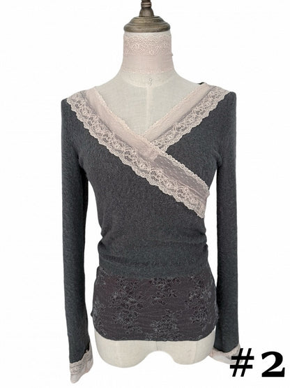 Gray & Pink Lace Trim Crossover Long Sleeve Top