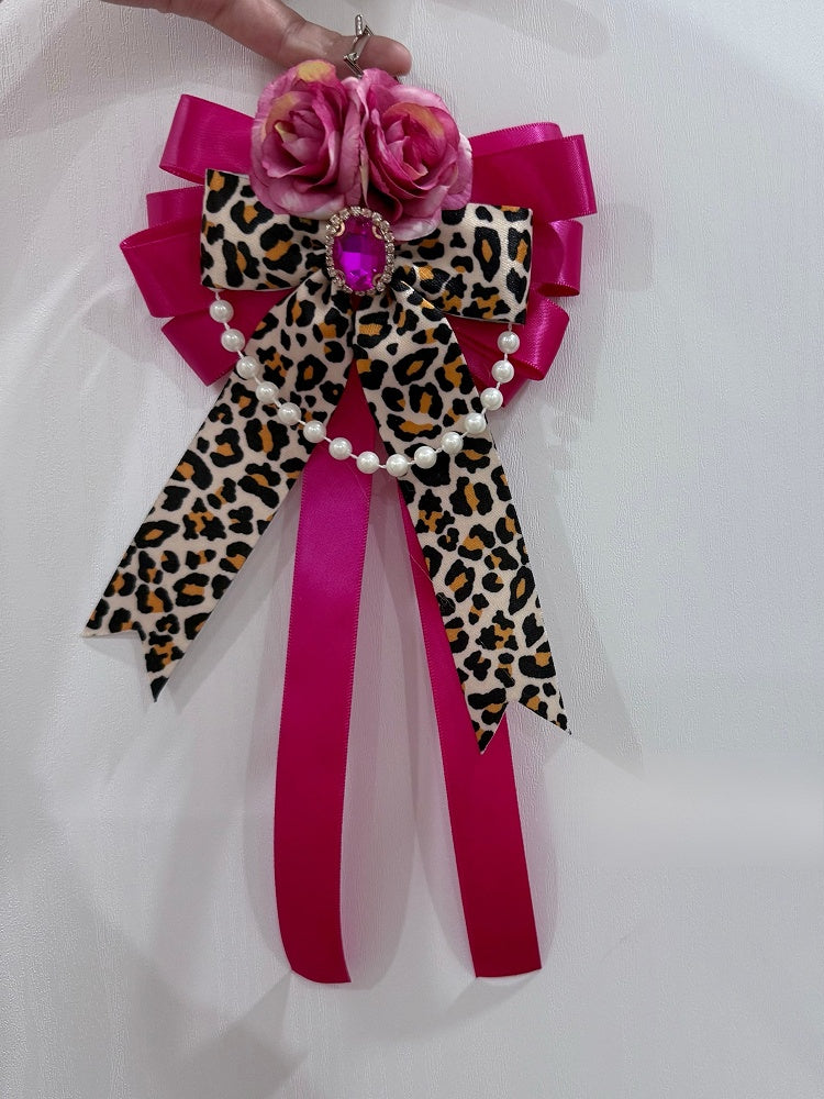 Rose Red Floral Design Beaded Charm Rhinestone Decorated Leopard Pattern Bowknot Hairclip/Keychain