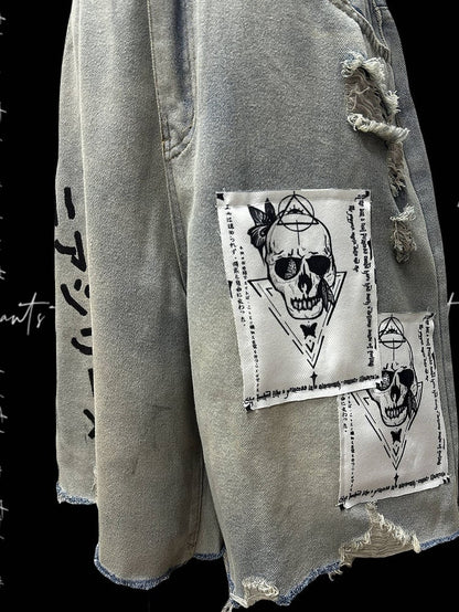 Light Blue Skeleton Appliques Distressed Holes Wasteland Punk Wide-Leg Jeans