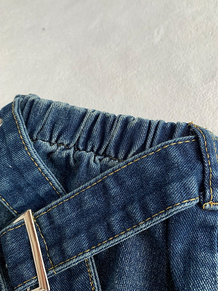 Blue Buckle Straps Flared Denim Leg Warmers