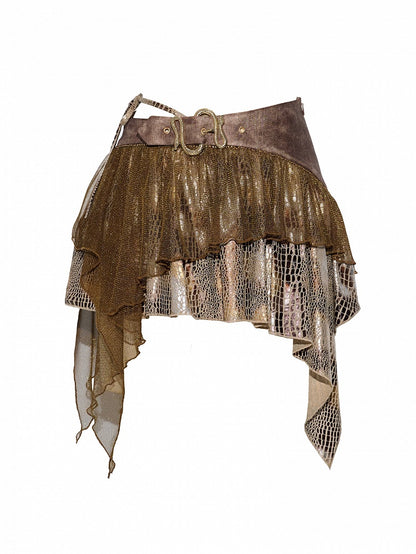 Brown Y2K Snakeskin Design Asymmetrical Hem Skirt