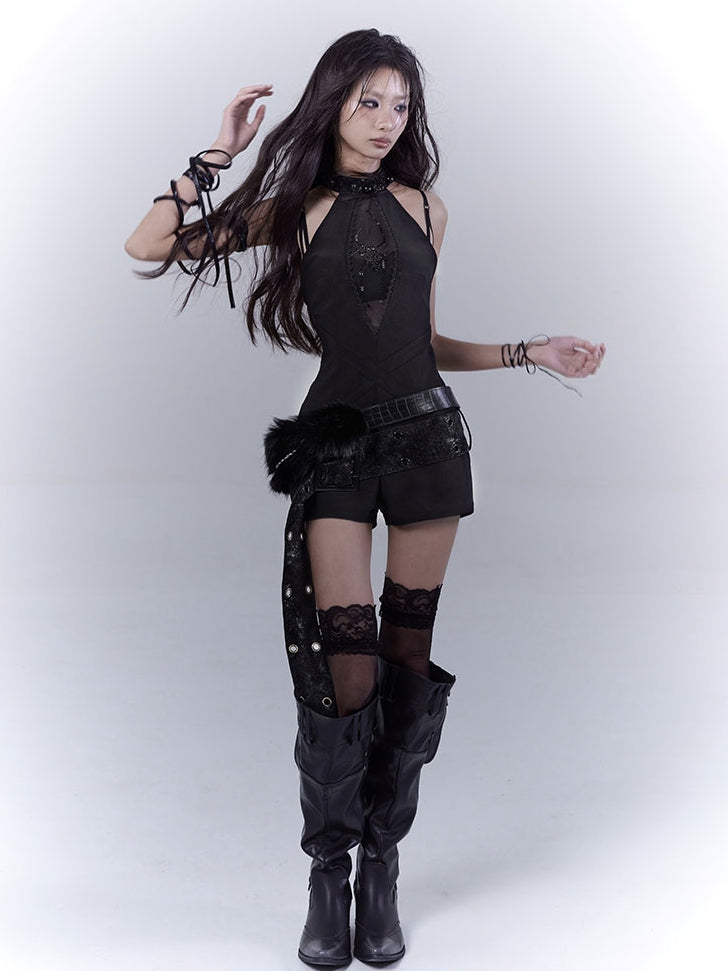 Black Plush Trim Glamorous PU Waist Belt