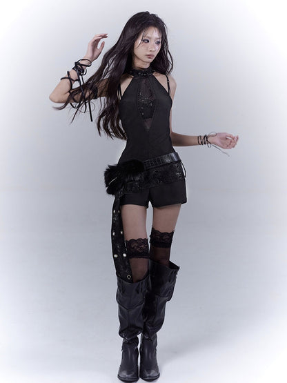 Black Plush Trim Glamorous PU Waist Belt