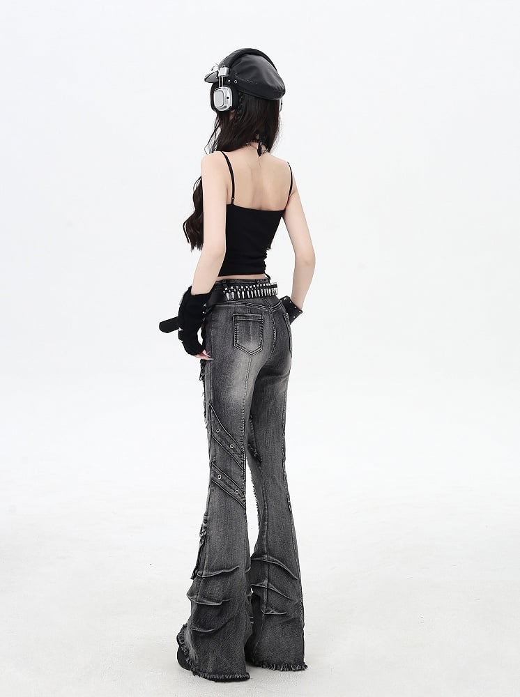 Y2K Black Low Rise Raw Hem Faded Wash Flared Cargo Jeans