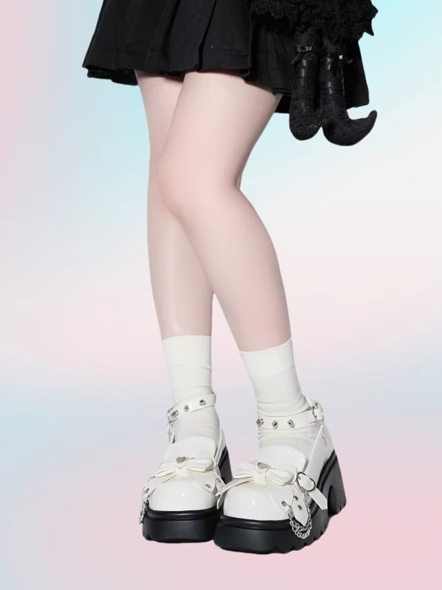 White Punk Bowknot Decorated Butterfly Heart Buckles Studs Details Platforms