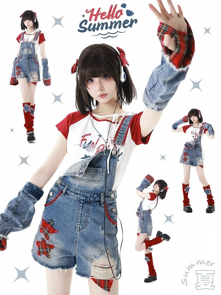 Blue Distressed Holes Raw Hem Plaid Star Appliques Denim Overall Shorts with Free Armwears