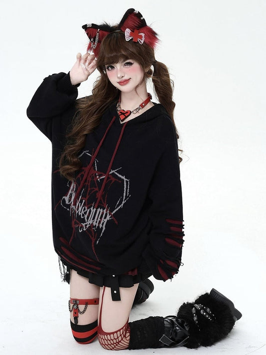 Black and Red Gothic Spiderweb Distressed Holes Hooded Sweater