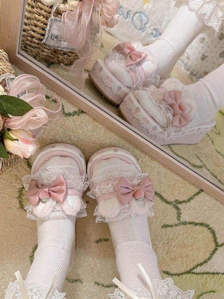 Pink Sweet Lolita Bow Accents Lace Trim Plush Bunny Ear Platform Slippers