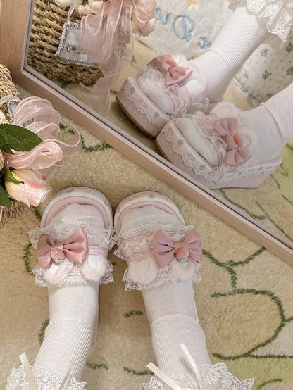 Pink Sweet Lolita Bow Accents Lace Trim Plush Bunny Ear Platform Slippers