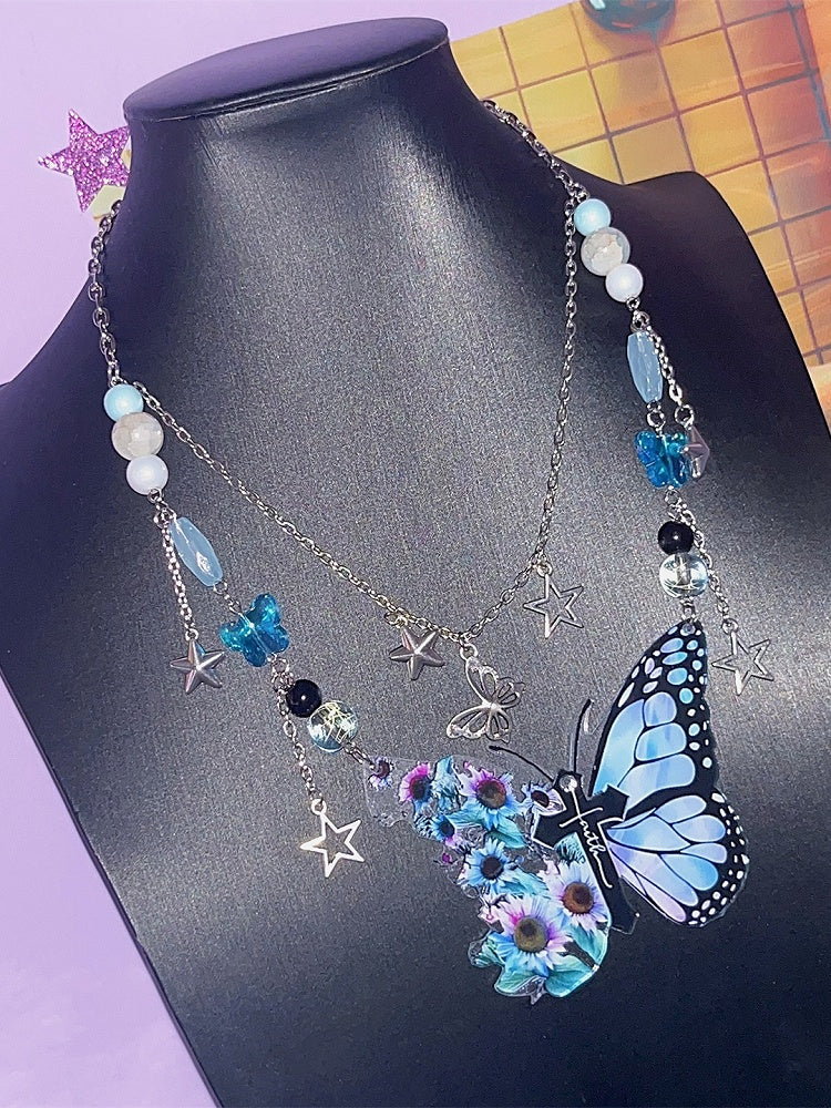Blue Y2K Cross Decorated Butterfly Pendant Necklace