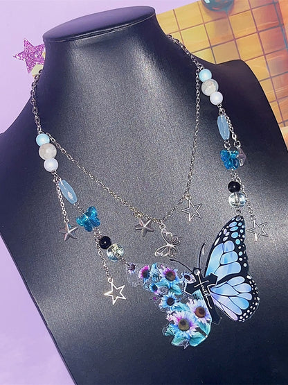 Blue Y2K Cross Decorated Butterfly Pendant Necklace