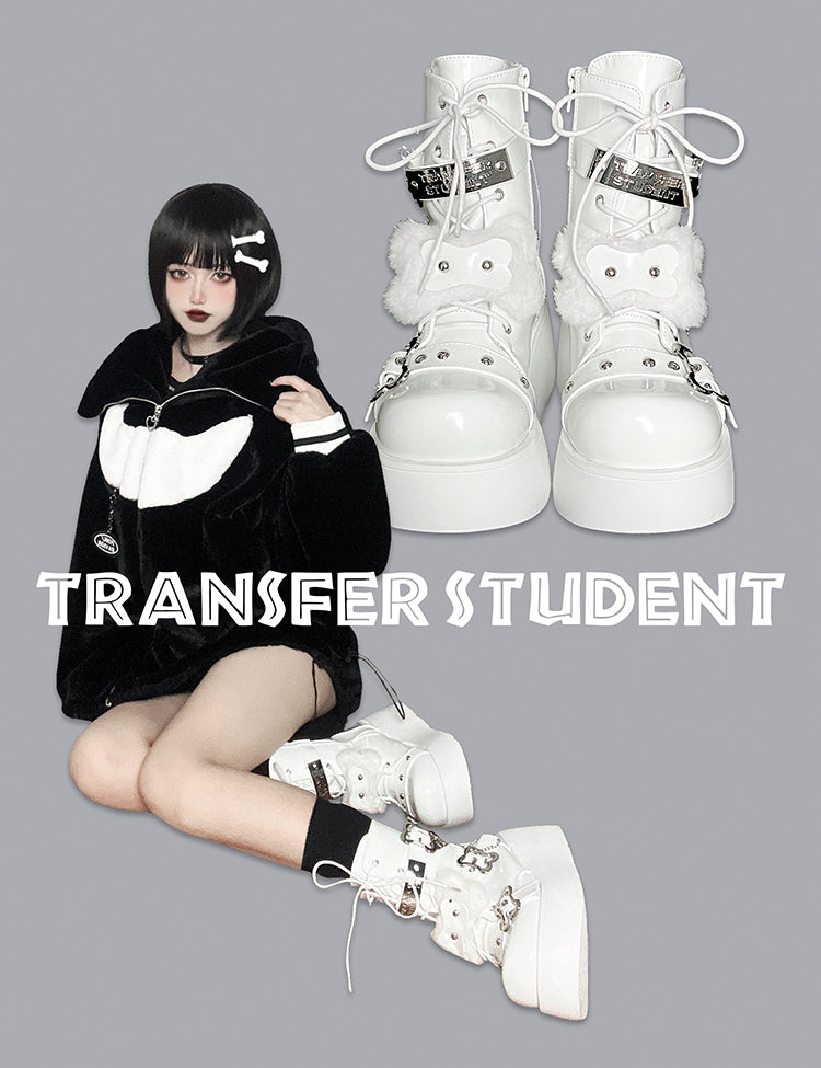 Buckle Straps Plush Bone Decorated Polished White Punk Platform Boots