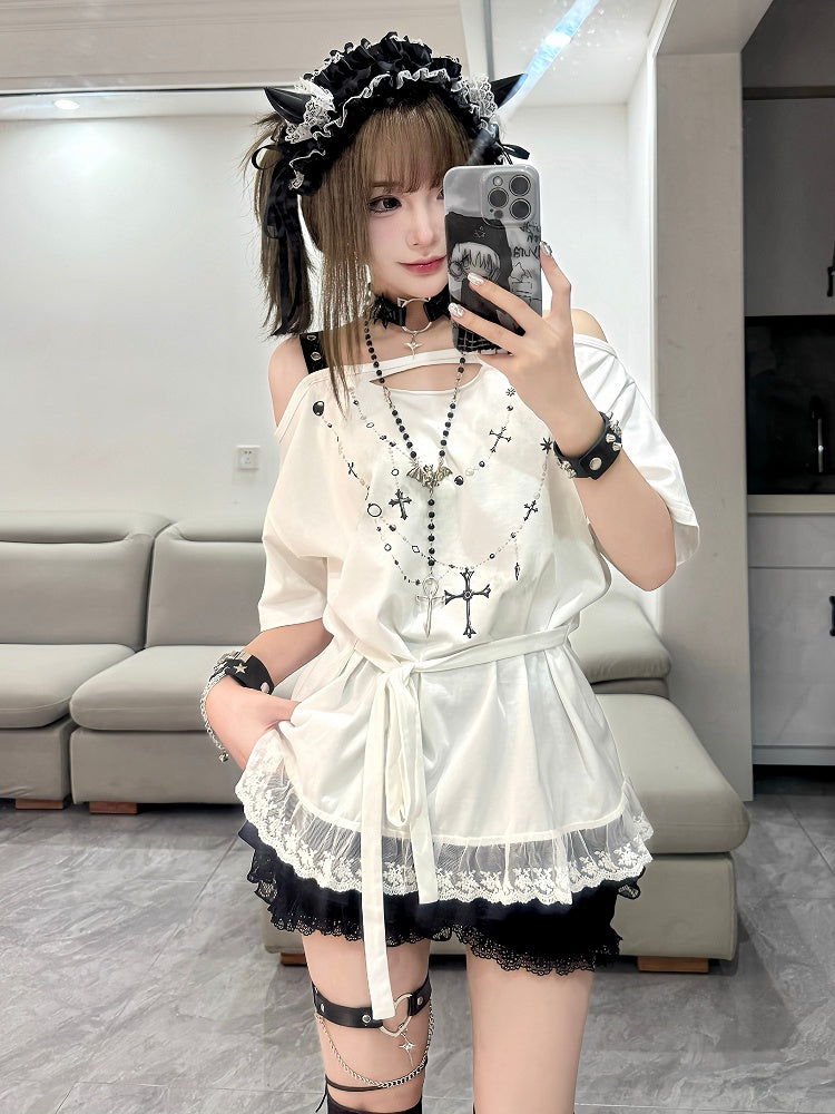 White Off-the-shoulder Neckline Cross Chains Print Lace Trim T-shirt Self-tie Straps at Waist