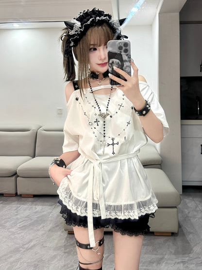 White Off-the-shoulder Neckline Cross Chains Print Lace Trim T-shirt Self-tie Straps at Waist