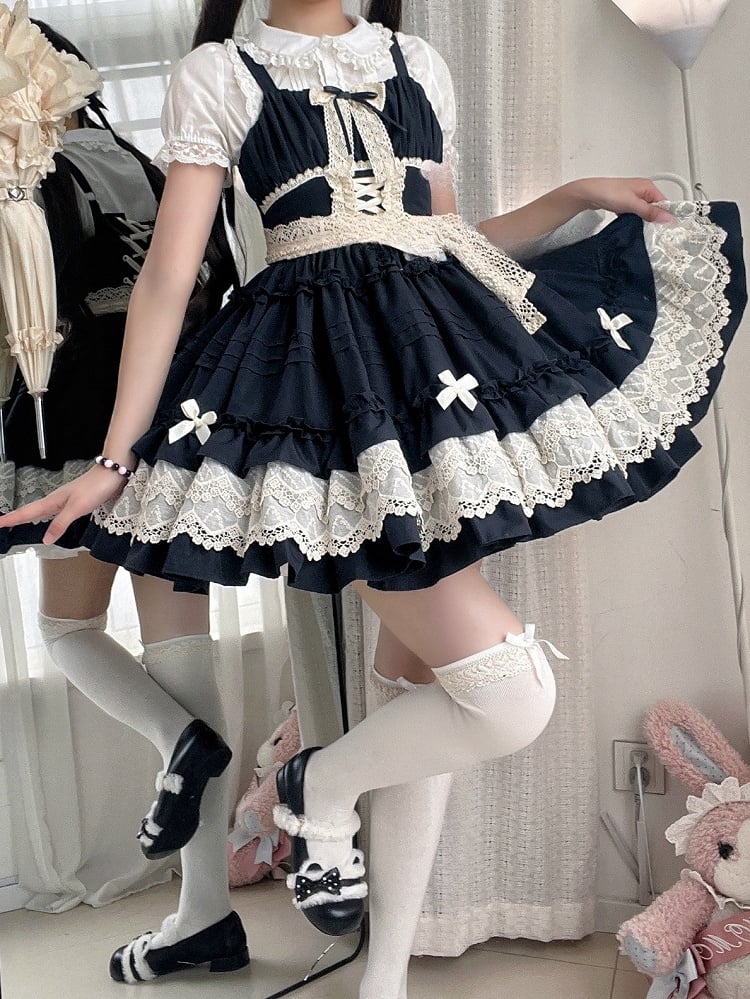 Black Pleated and Ruffle Trim Skirt Summer Lolita Jumper Skirt