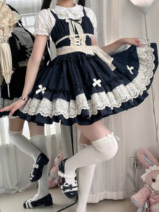 Black Pleated and Ruffle Trim Skirt Summer Lolita Jumper Skirt