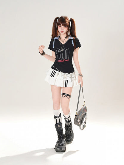 Plaid Polo Collar Number Print Black/Navy Blue Slim-fitting T-shirt