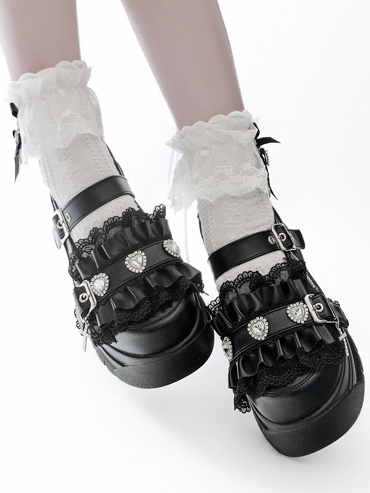 Black Bittersweet Rhinestone Heart Details Cross Charm Ruffles Trim Platforms