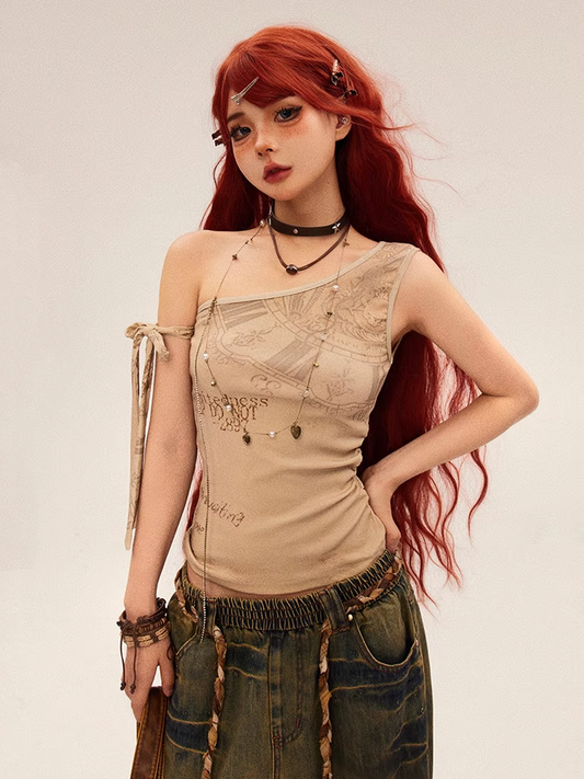 Vintage Graffiti Print Apricot Wasteland Punk Asymmetrical Neckline Top