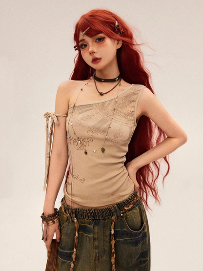 Vintage Graffiti Print Apricot Wasteland Punk Asymmetrical Neckline Top