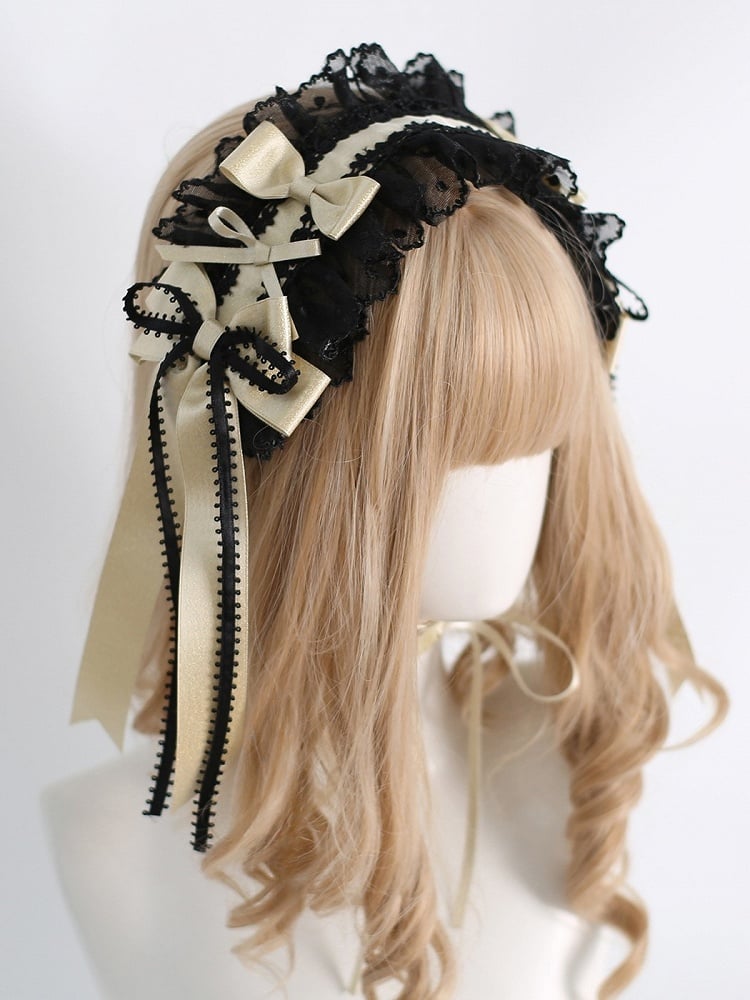 Black&Gold Sweet Lolita Bowknot Details Polka-dot Pattern Ruffled Hairband