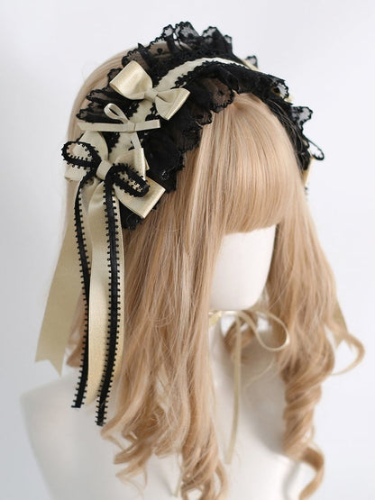 Black&Gold Sweet Lolita Bowknot Details Polka-dot Pattern Ruffled Hairband