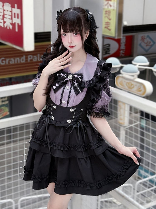 Purple Peter Pan Collar Blouse with Black Lace-up Waist Overall Skirt Jirai Kei Set