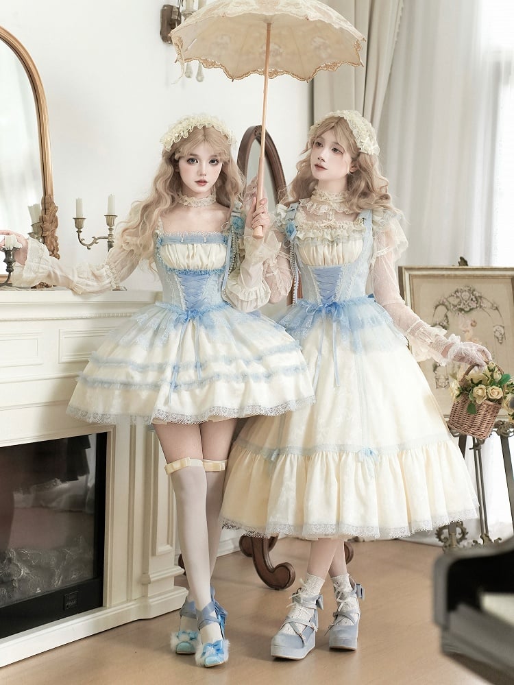 Beige and Light Blue Slim Fit Waist Versatile Neckline Lolita JSK Full Set
