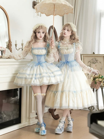 Beige and Light Blue Slim Fit Waist Versatile Neckline Lolita JSK Full Set