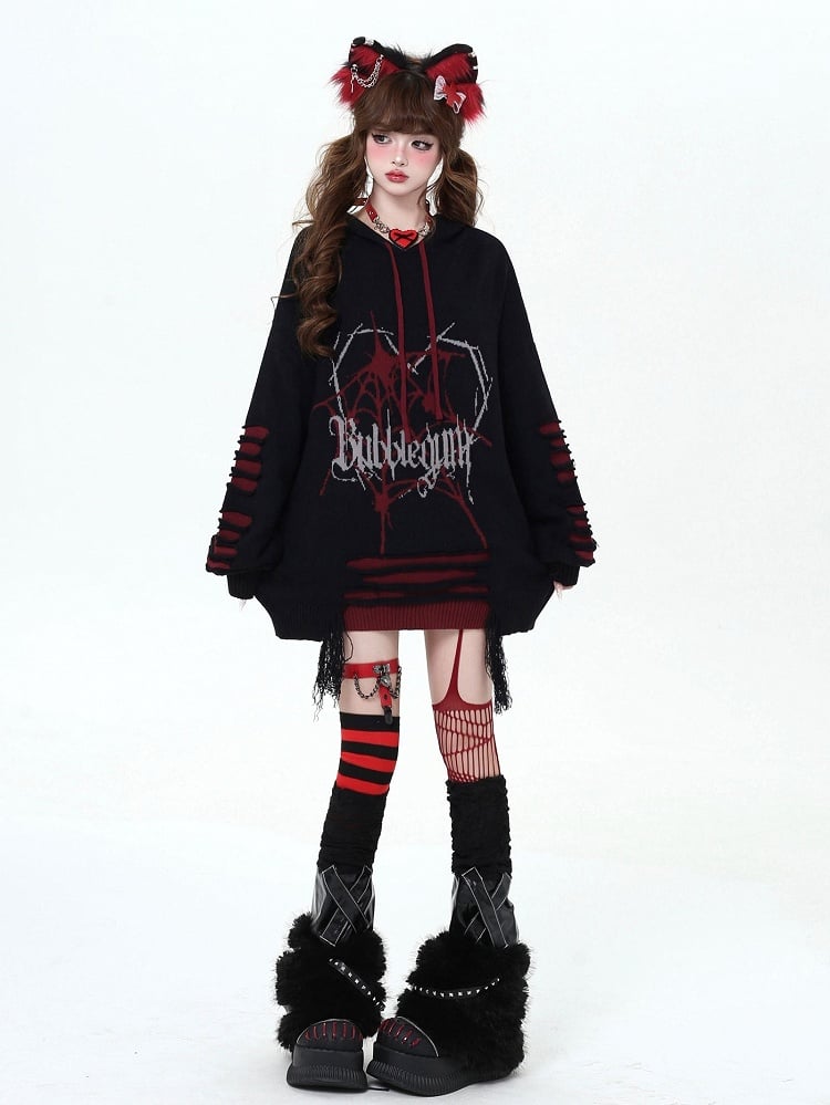 Black and Red Gothic Spiderweb Distressed Holes Hooded Sweater