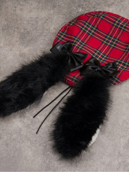 Red Plaid Pattern Rabbit Ears With Bowknots Beret