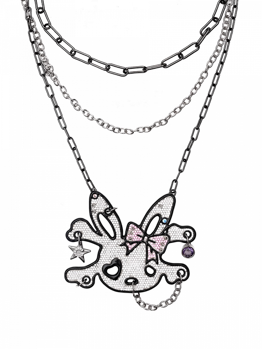 Allover Rhinestone Embellished Skeleton Bunny Charm Layered Necklace