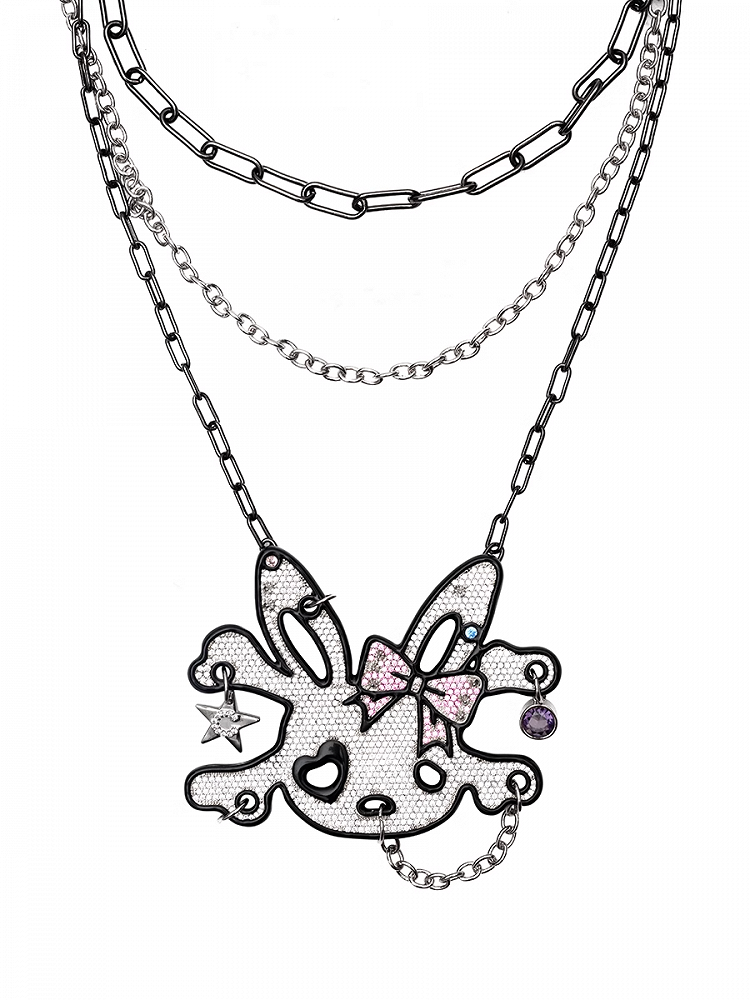 Allover Rhinestone Embellished Skeleton Bunny Charm Layered Necklace