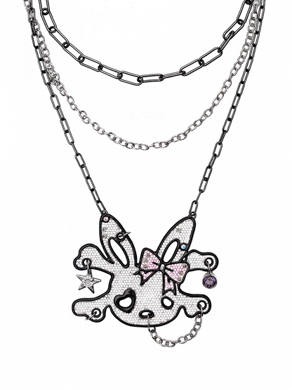 Allover Rhinestone Embellished Skeleton Bunny Charm Layered Necklace