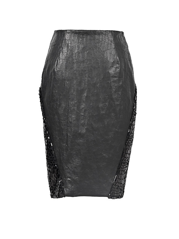 Black Cracked PU Leather Skirt Goth Office Lady A-line Skirt