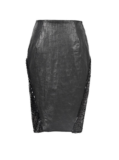Black Cracked PU Leather Skirt Goth Office Lady A-line Skirt