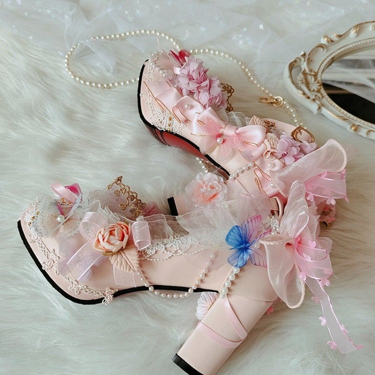 Pink Sakura Hime Lolita Shoes Bow Accents Butterfly Decorated Princess High Heels