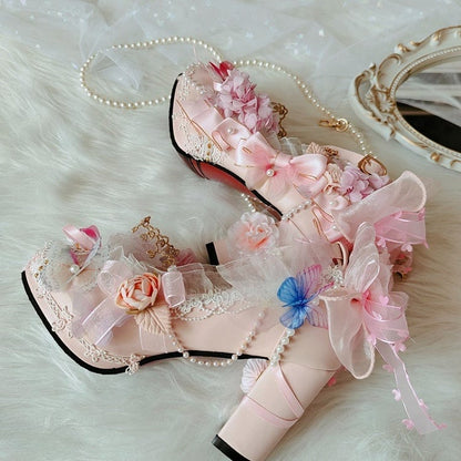 Pink Sakura Hime Lolita Shoes Bow Accents Butterfly Decorated Princess High Heels