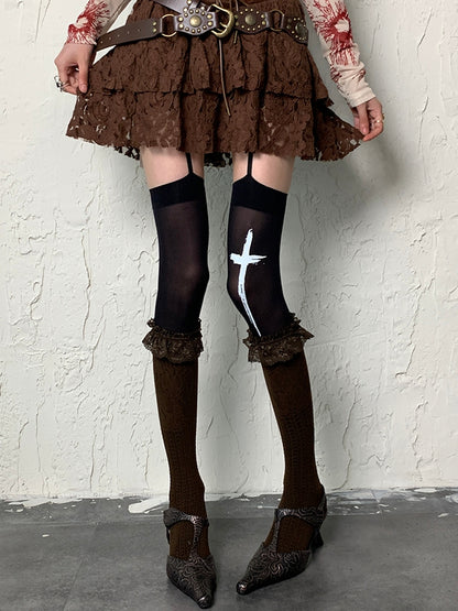 Brown Y2K Ruffled Cuff Under-knee Stockings